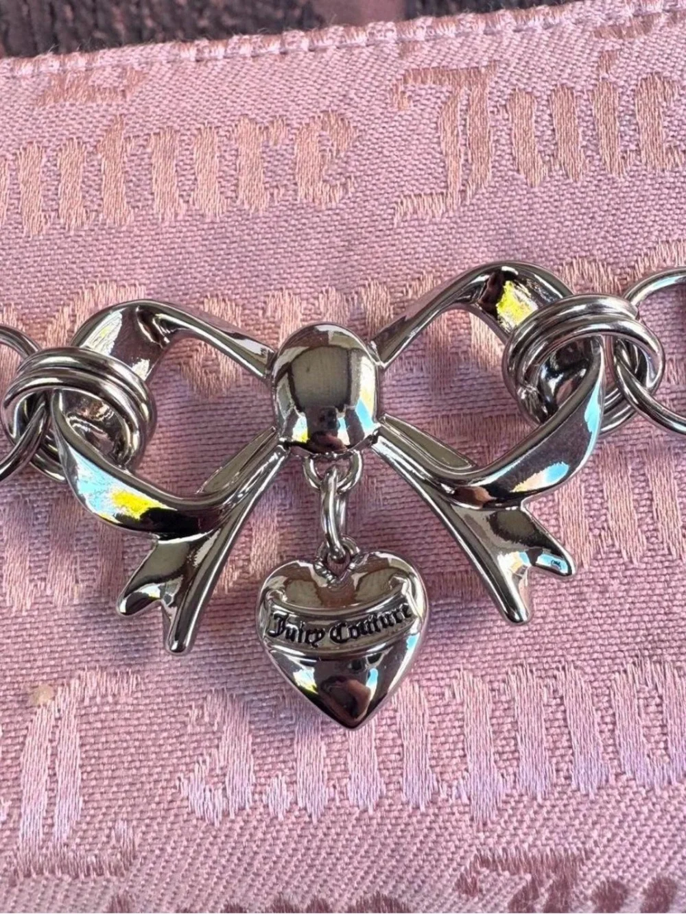 Juicy Couture Light Pink Bow Heart Zip Wallet with Silver Hardware